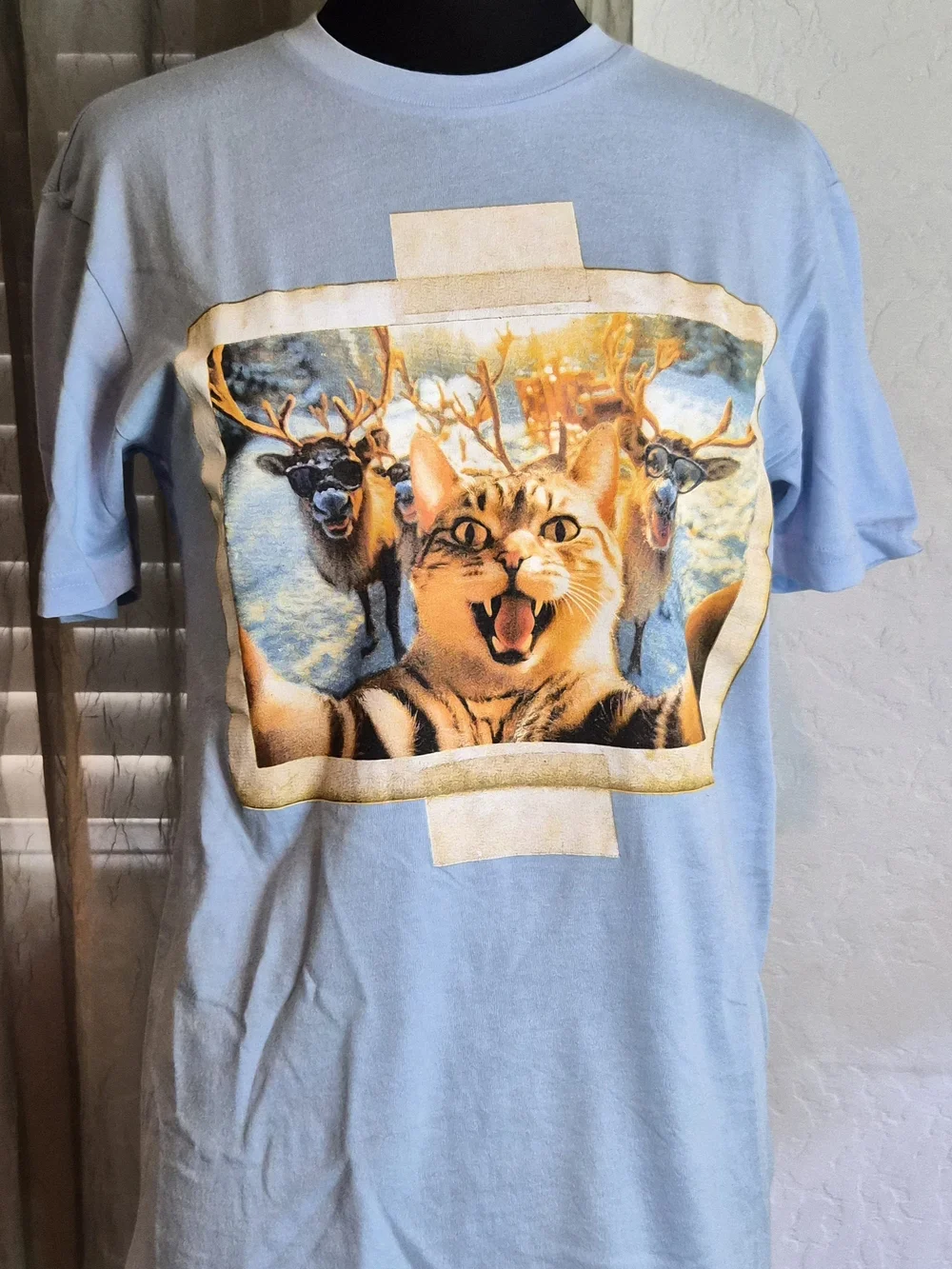 Cute Cat & Reindeer Print Pet Tee - Light Blue